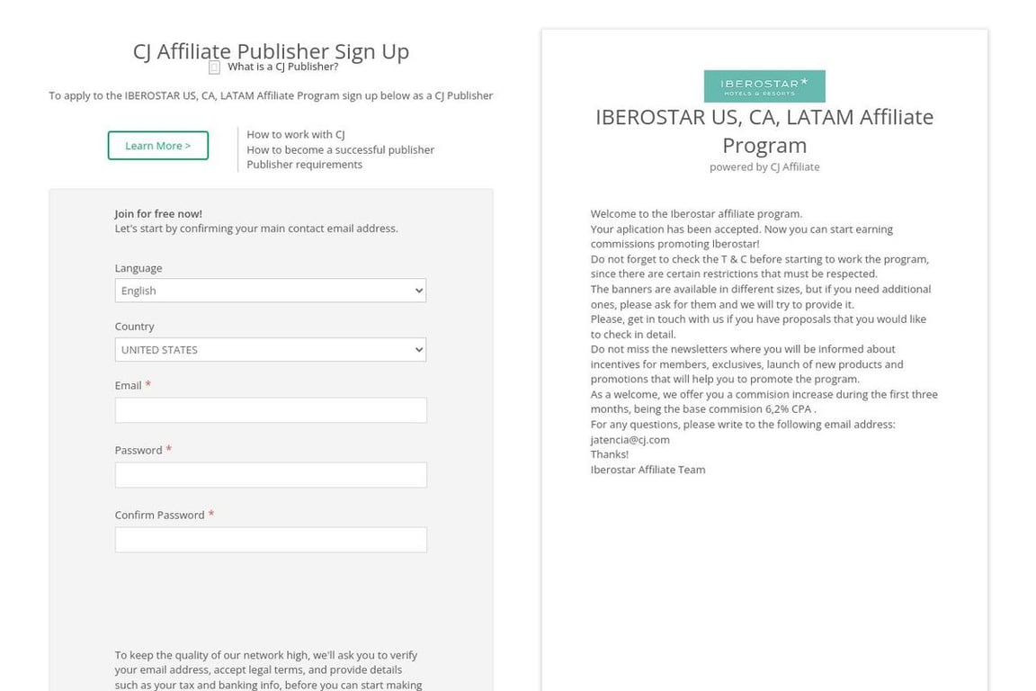 Iberostar (CA) affiliate program signup page