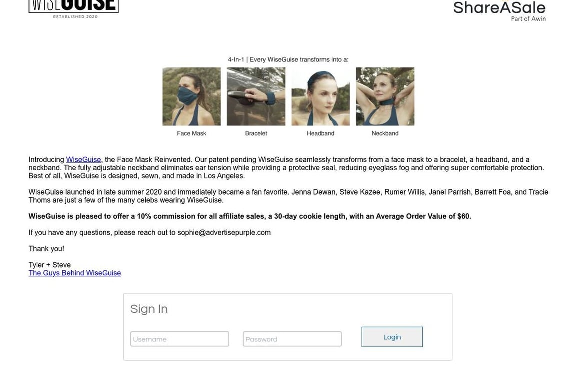 WiseGuise affiliate program signup page
