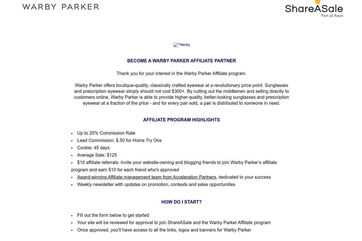 Warby Parker affiliate program signup page