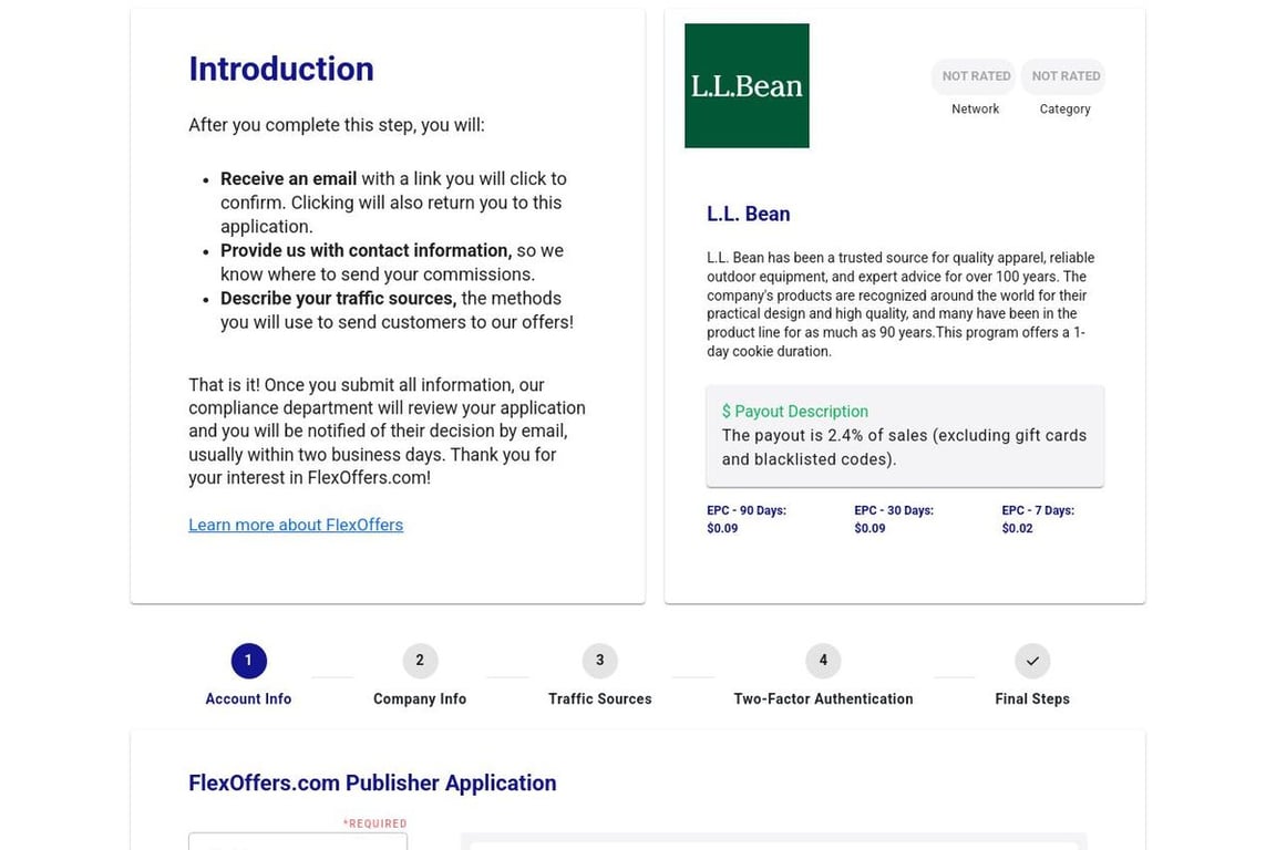 L.L. Bean affiliate program signup page