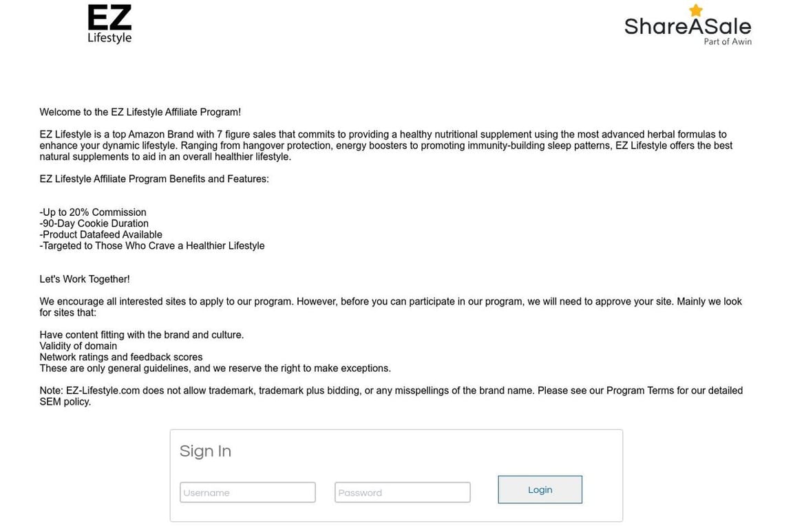 EZ Lifestyle affiliate program signup page