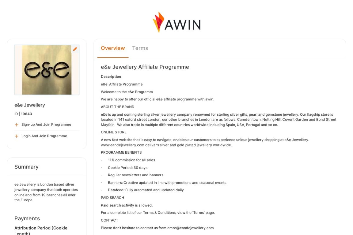 E&e Jewellery affiliate program signup page