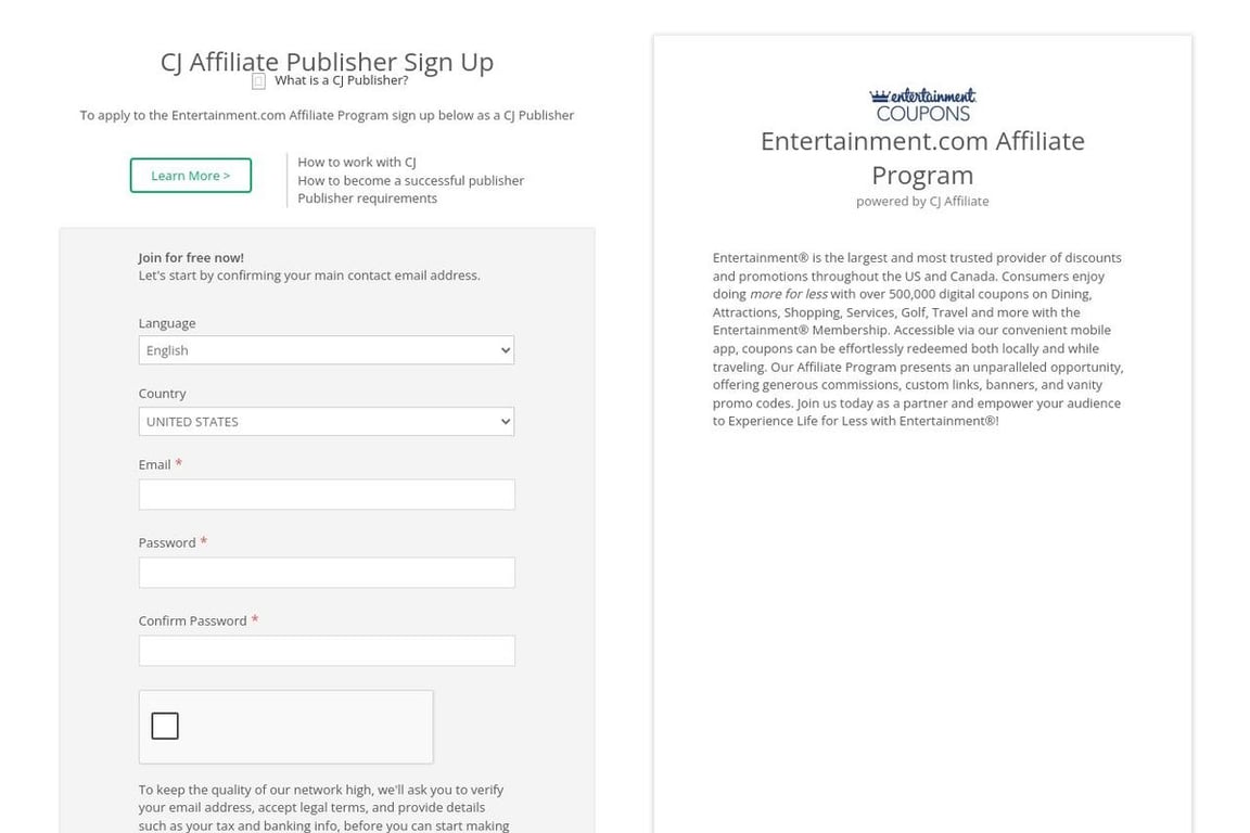 Entertainment.com affiliate program signup page