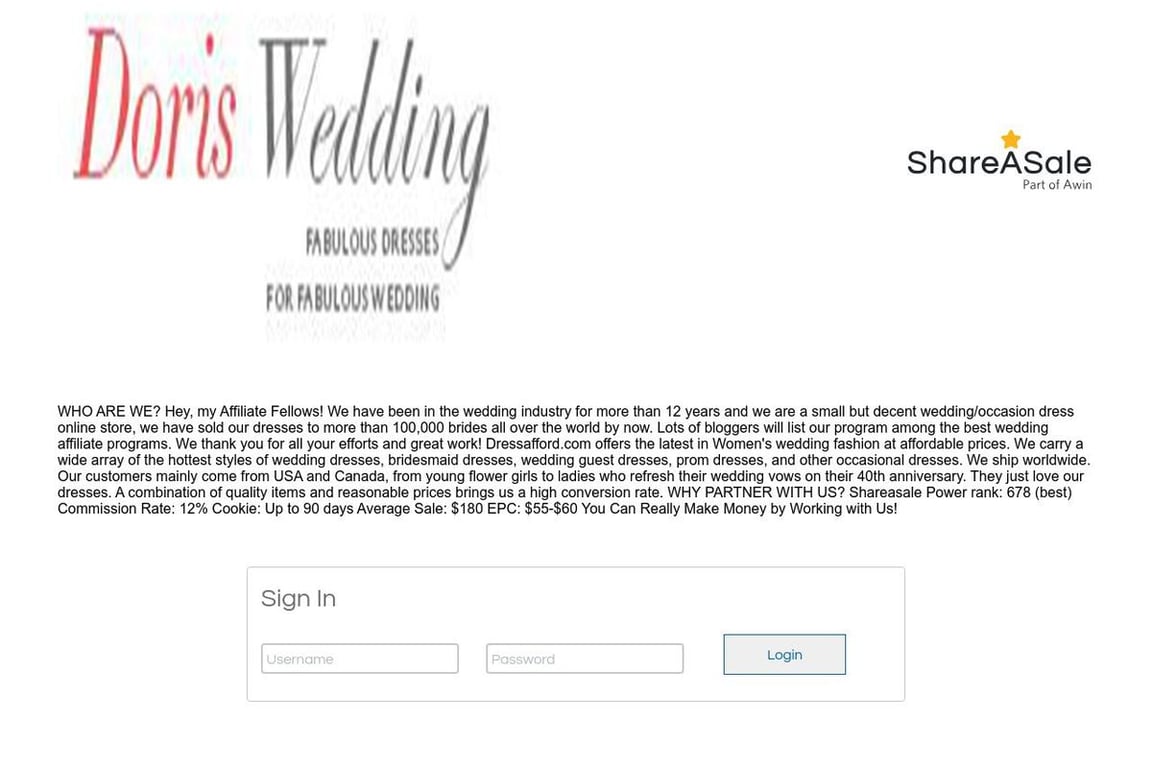 Dorris Wedding affiliate program signup page