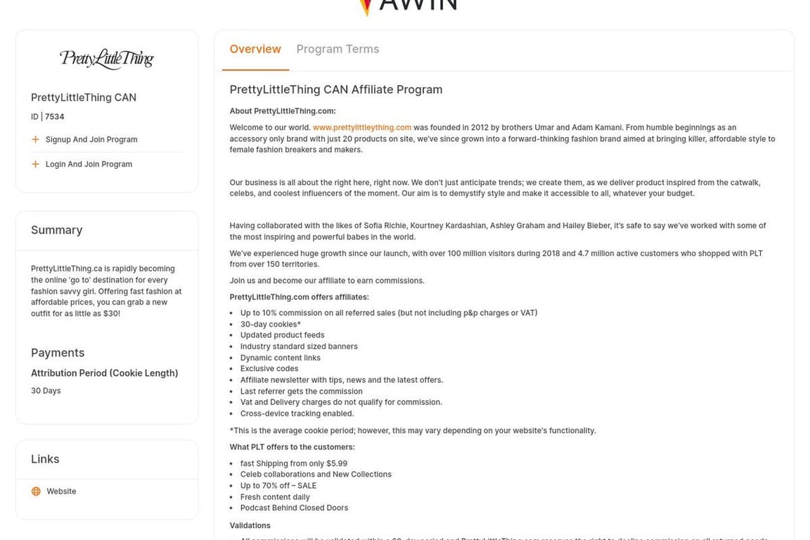 PrettyLittleThing (Canada) affiliate program signup page