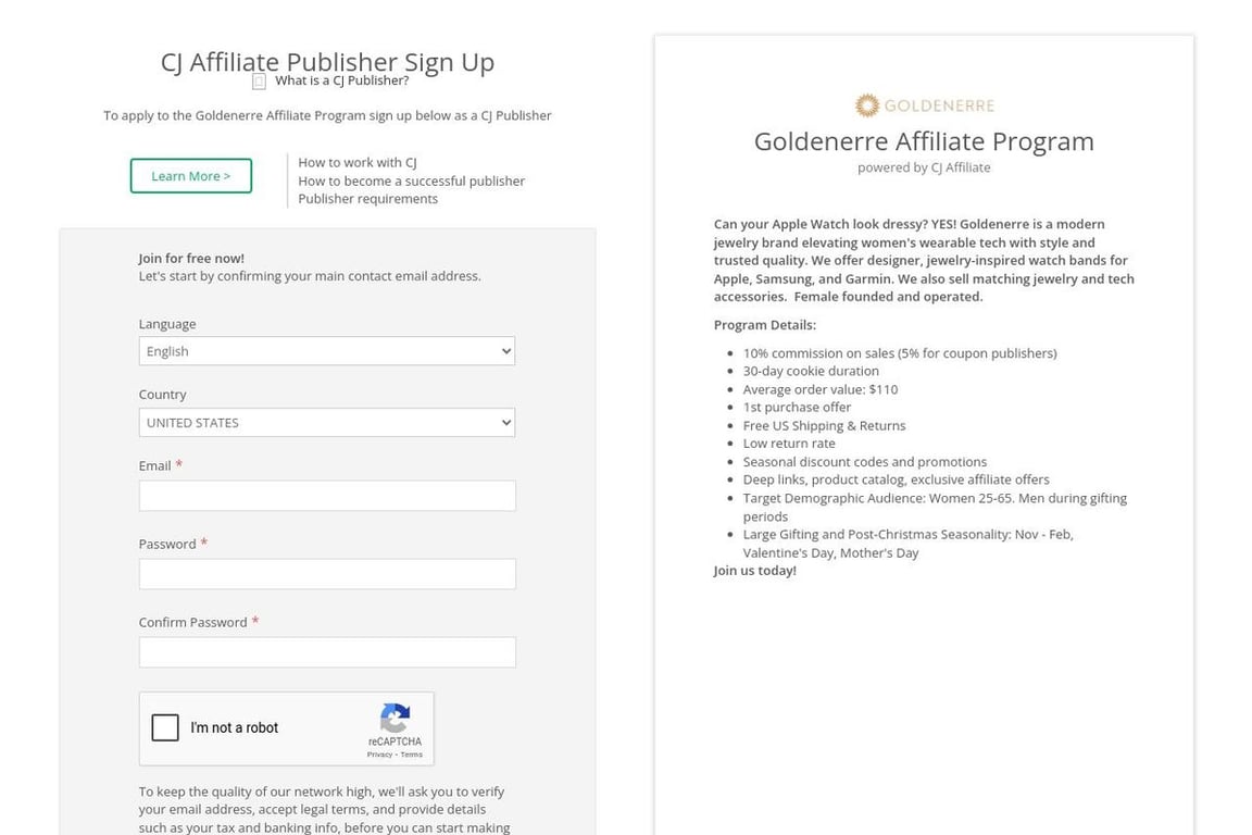 Goldenerre affiliate program signup page
