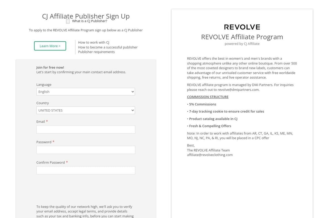 REVOLVE affiliate program signup page
