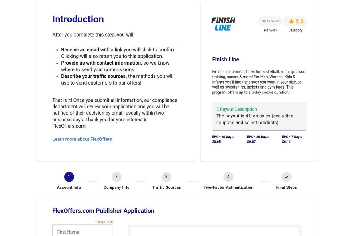 Finish Line affiliate program signup page