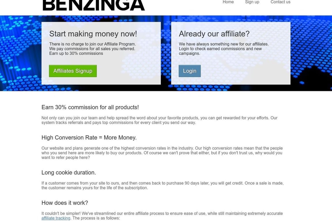 Benzinga affiliate program signup page
