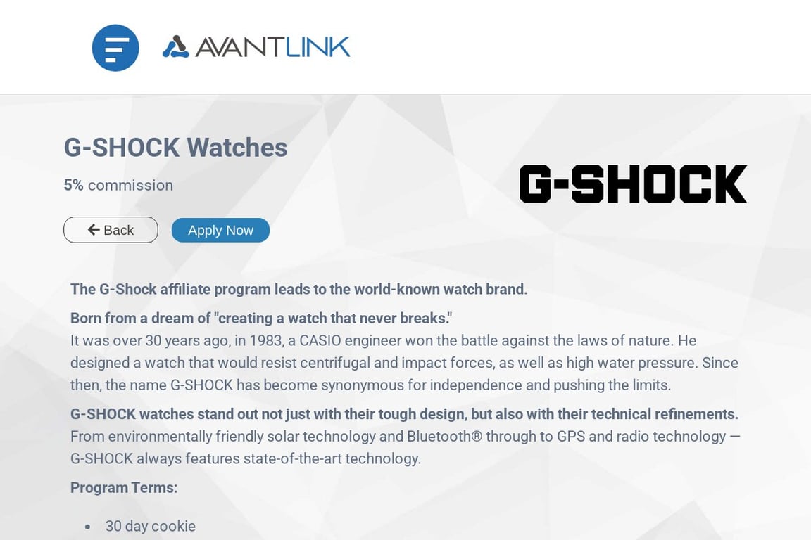 G-Shock affiliate program signup page