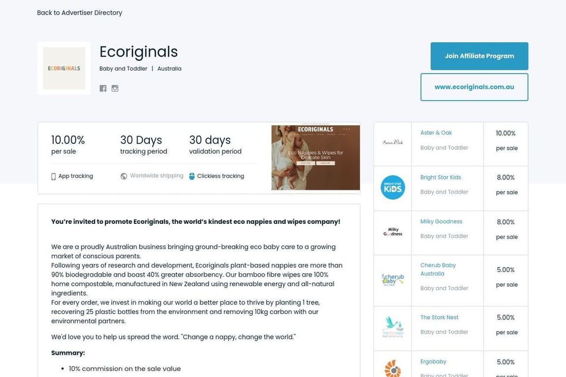 Ecoriginals affiliate program signup page