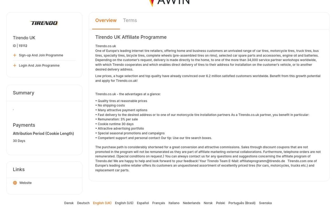Tirendo UK affiliate program signup page