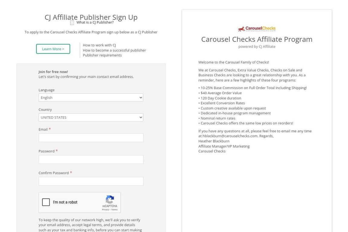 Carousel Checks affiliate program signup page