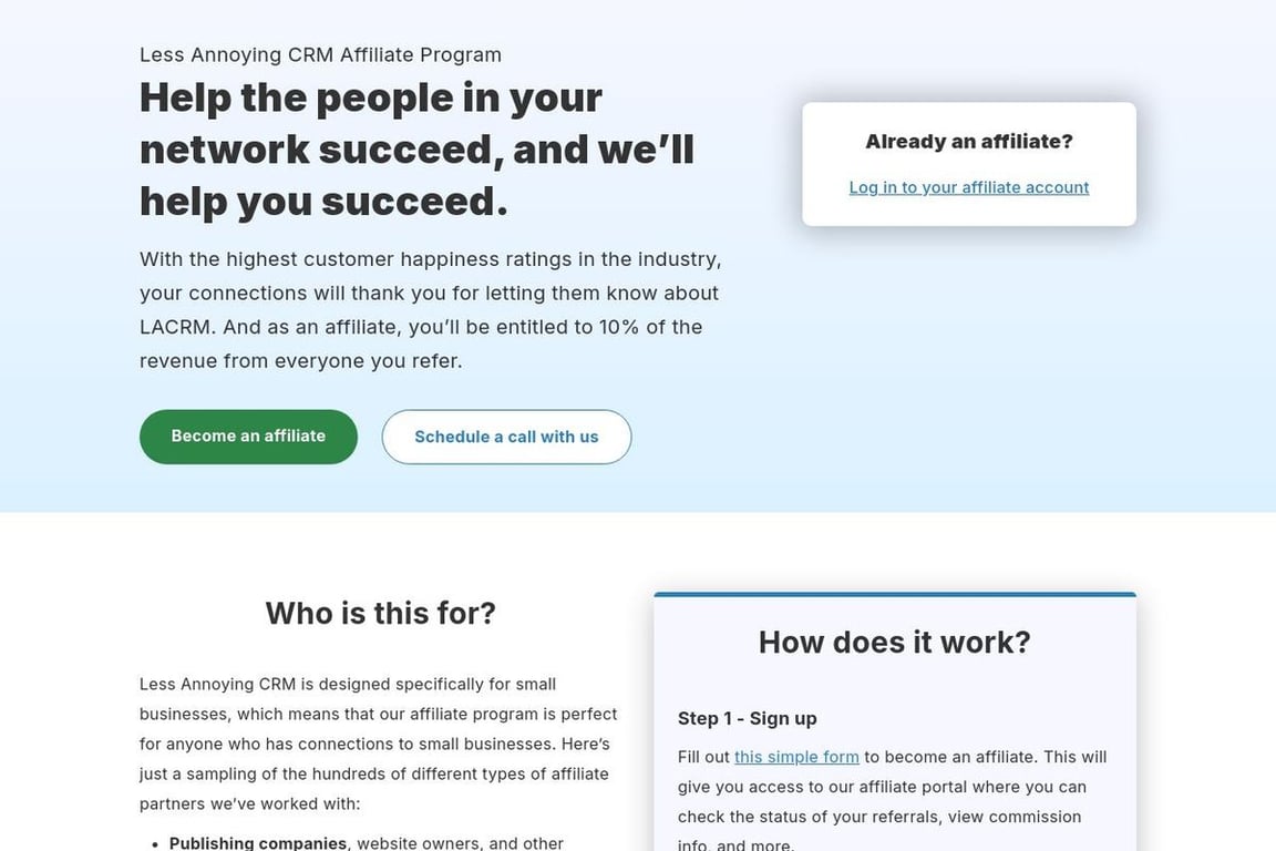 Less Annoying CRM affiliate program signup page
