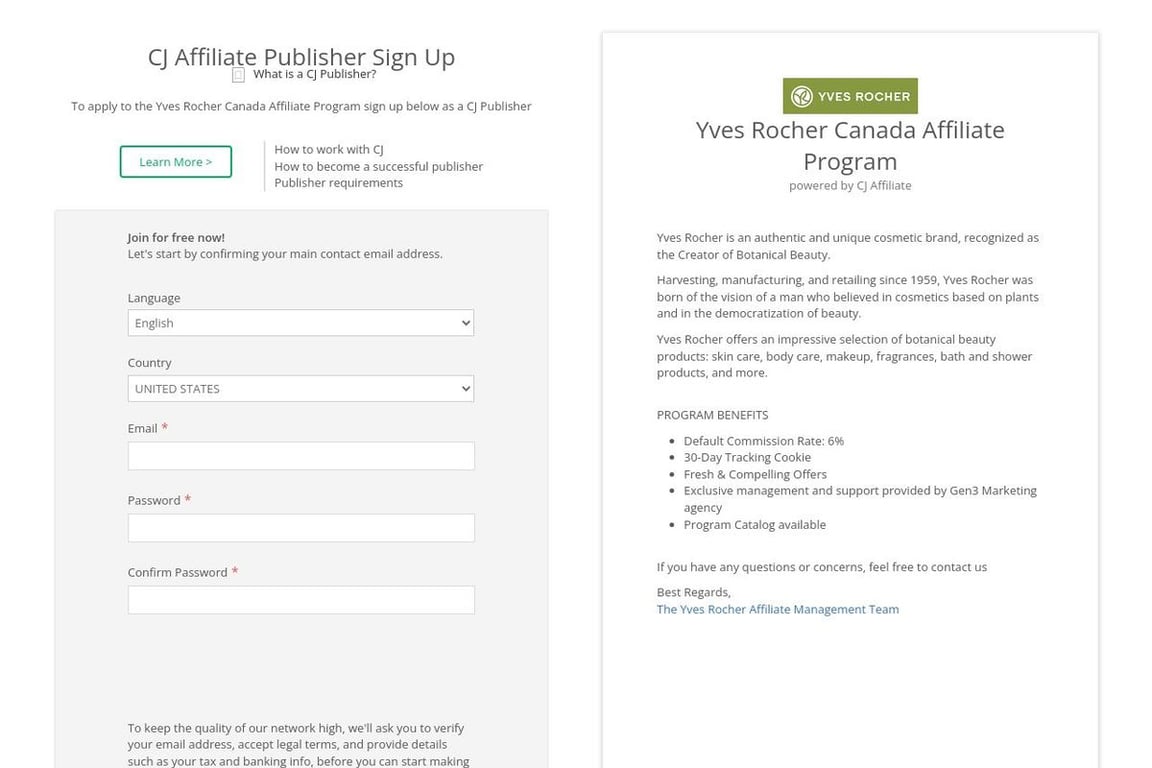 Yves Rocher affiliate program signup page