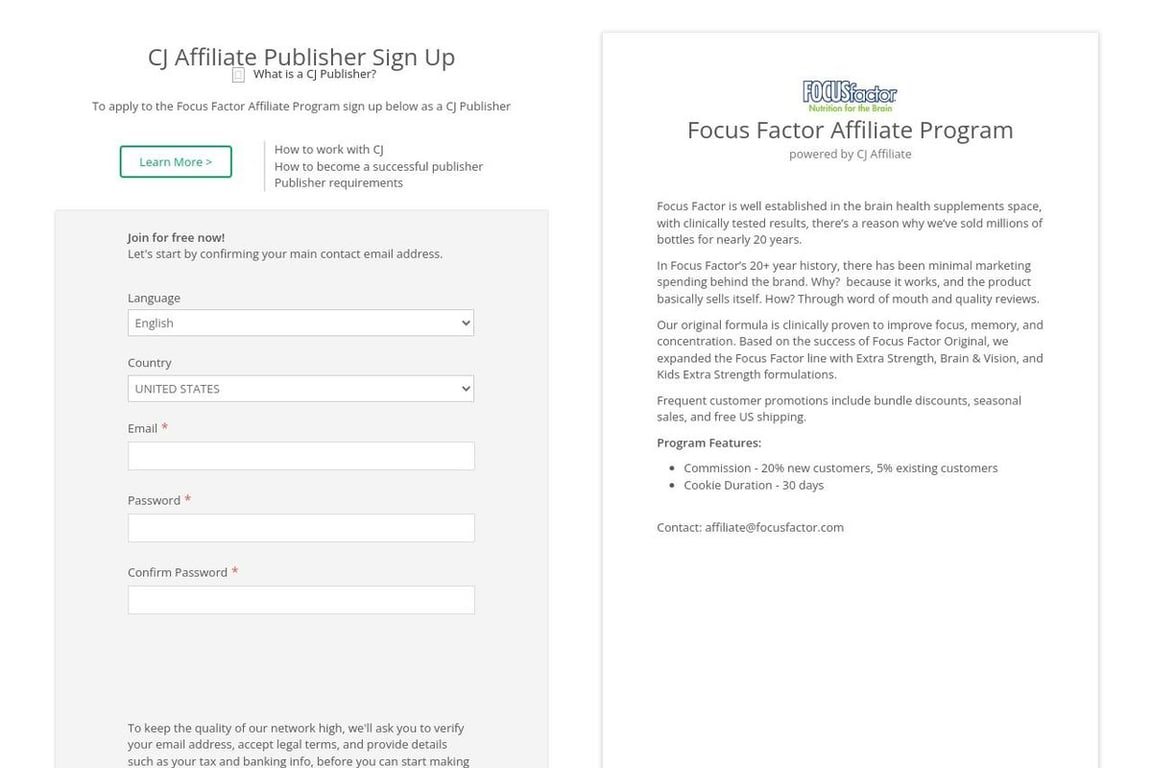 Focus Factor affiliate program signup page