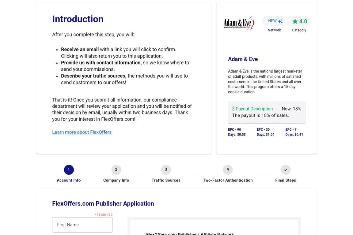 Adam & Eve affiliate program signup page