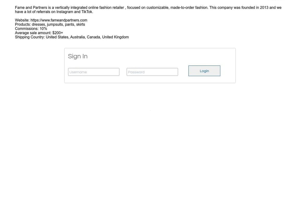 Fame and Partners affiliate program signup page