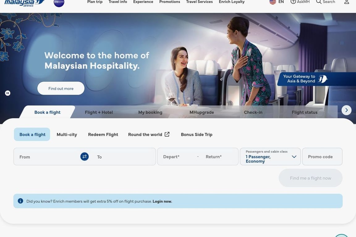 Malaysia Airlines UK homepage