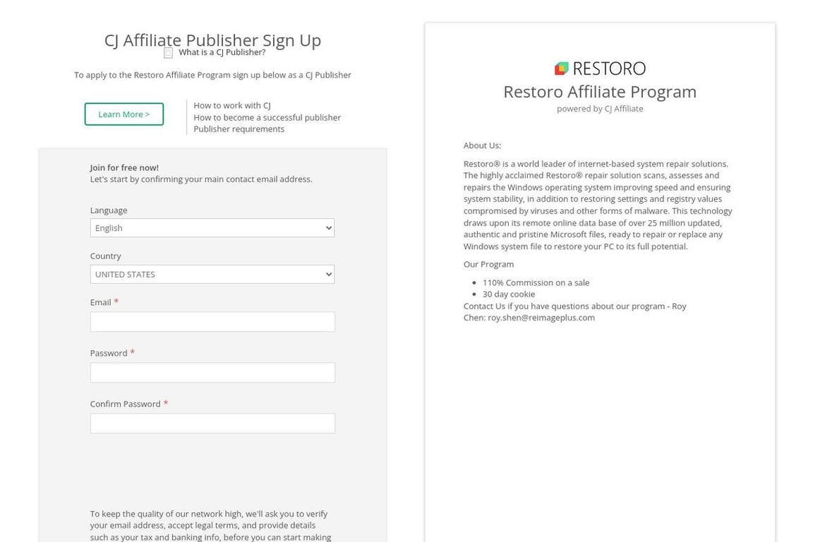 RESTORO affiliate program signup page