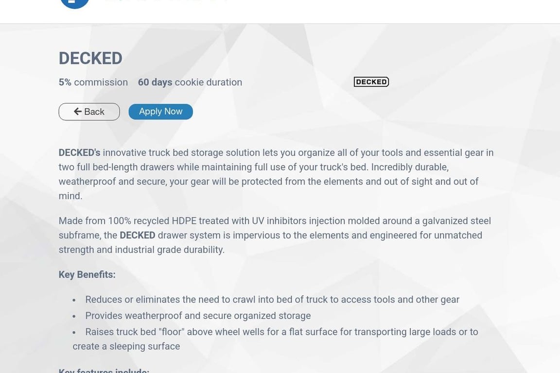 DECKED affiliate program signup page
