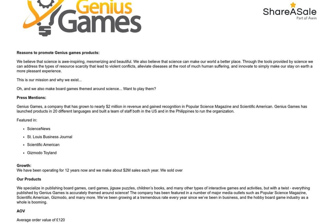 Genius Games affiliate program signup page