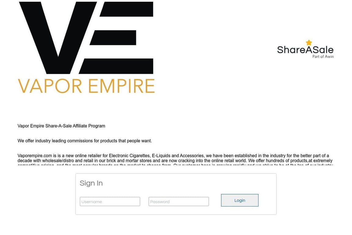 Vapor Empire affiliate program signup page