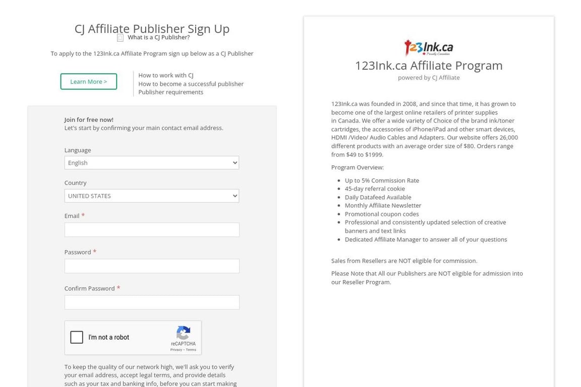 123Ink affiliate program signup page
