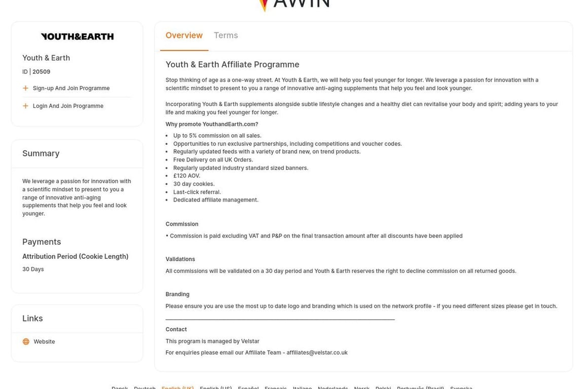 Youth & Earth affiliate program signup page