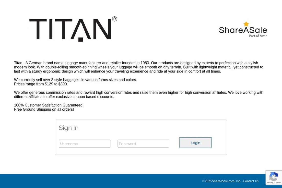 Titan Luggage affiliate program signup page