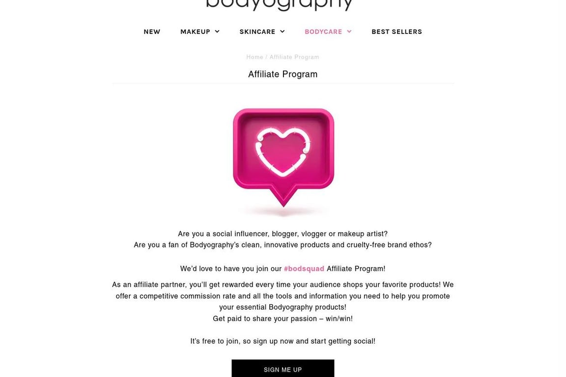 Bodyography affiliate program signup page