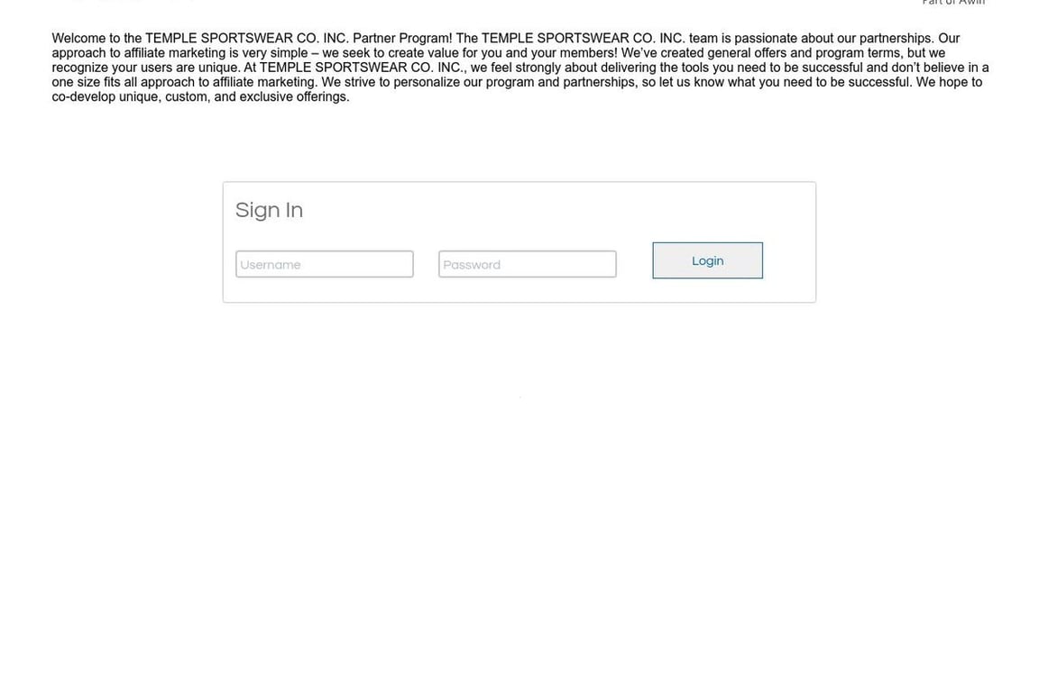 Temple Sportswear affiliate program signup page