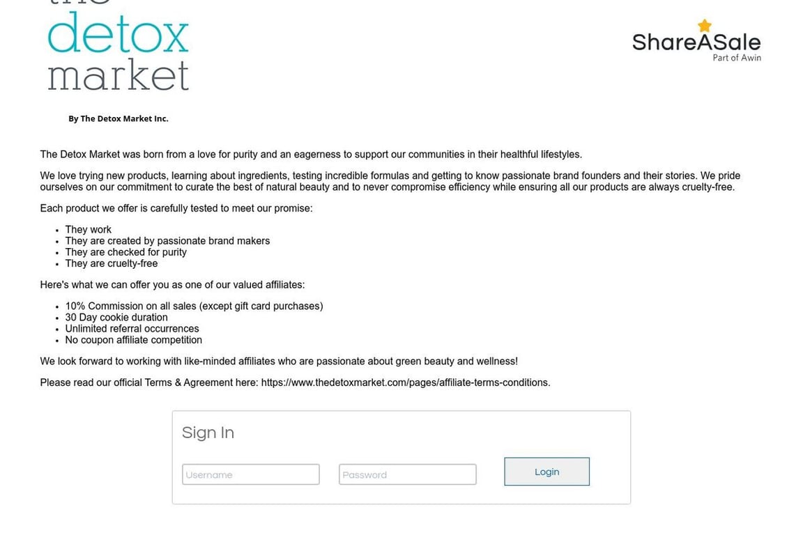 The Detox Market affiliate program signup page