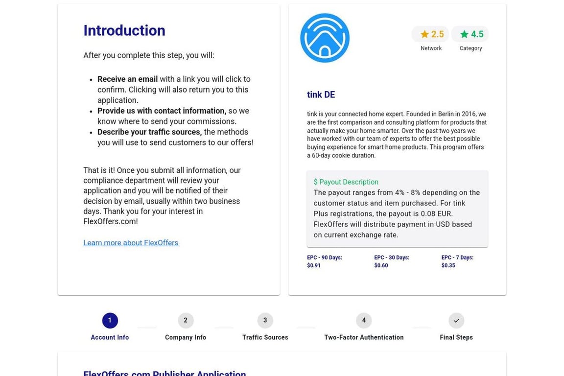 Tink DE affiliate program signup page