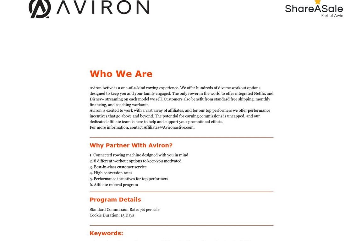 Aviron Interactive Inc. affiliate program signup page