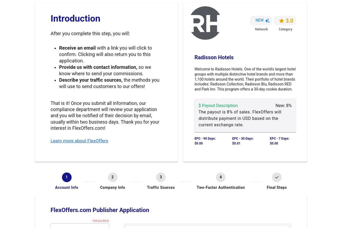 Radisson Hotels (UK) affiliate program signup page