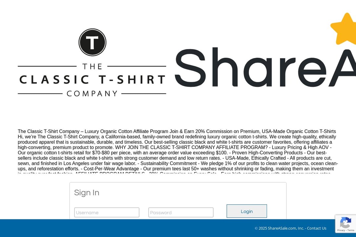 The Classic T Shirt Company affiliate program signup page