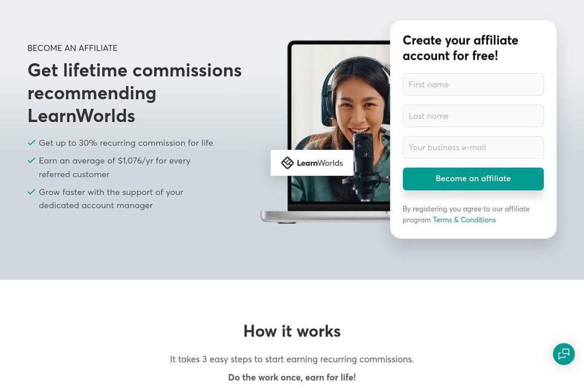 LearnWorlds affiliate program signup page