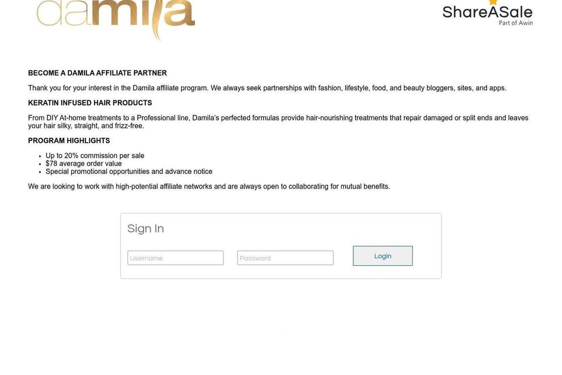 Damila affiliate program signup page