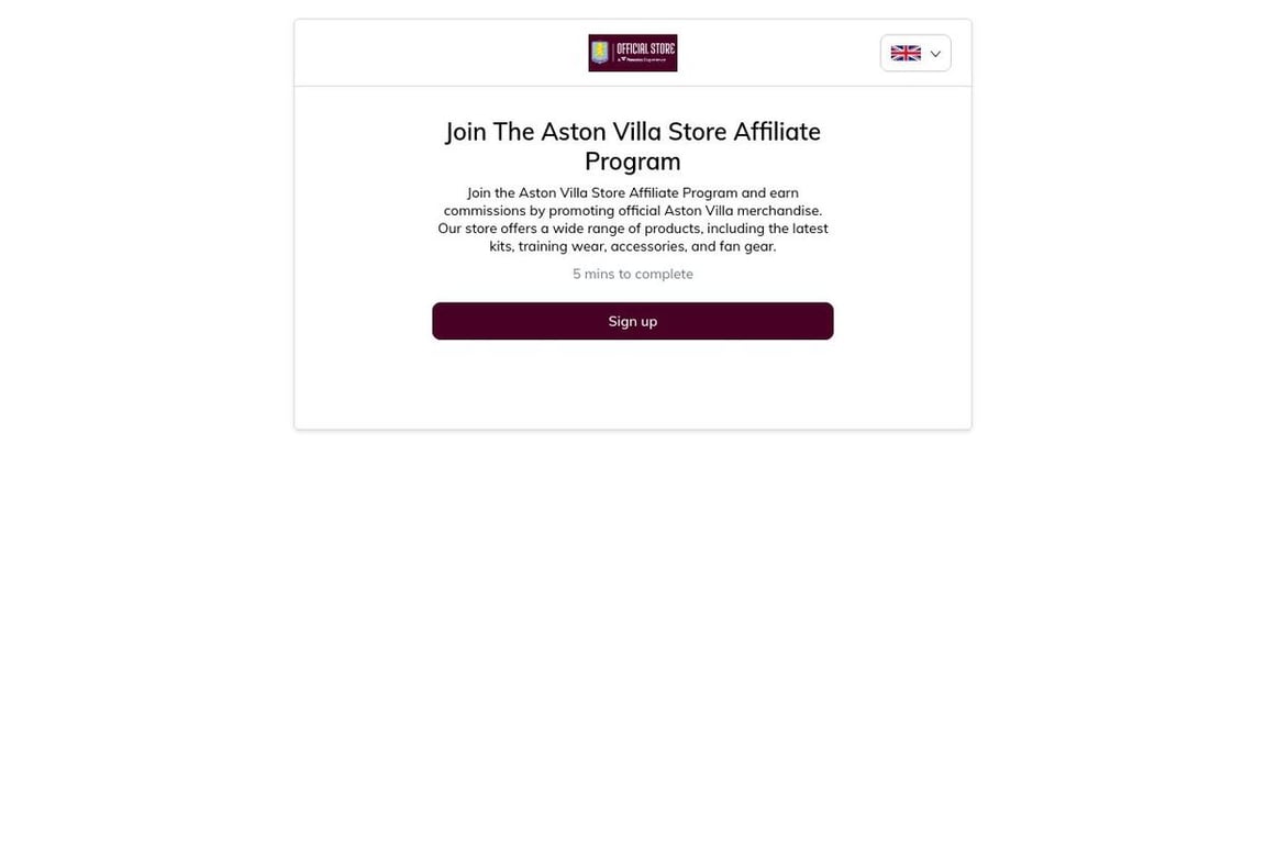 Aston Villa Store affiliate program signup page