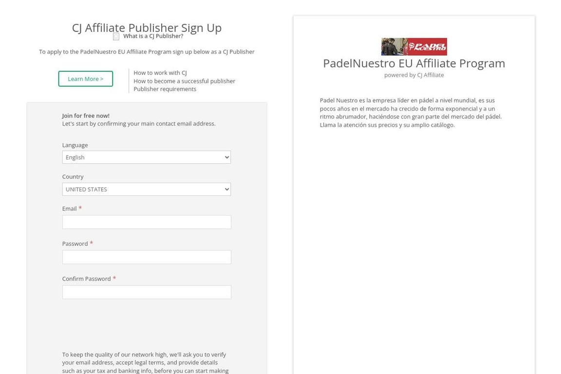 PadelNuestro affiliate program signup page