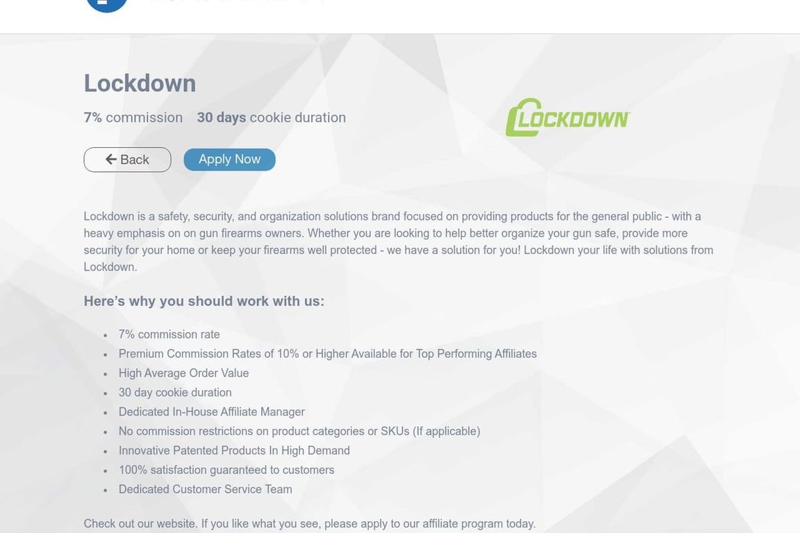 Lockdown affiliate program signup page