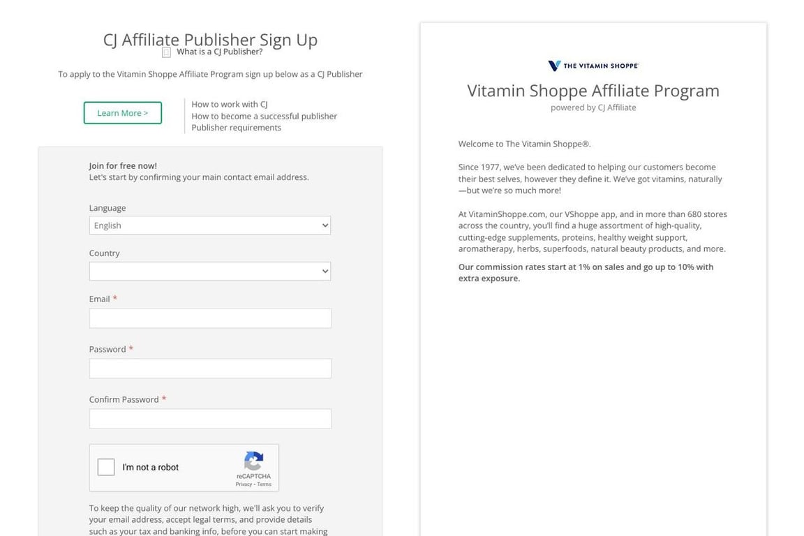 The Vitamin Shoppe affiliate program signup page