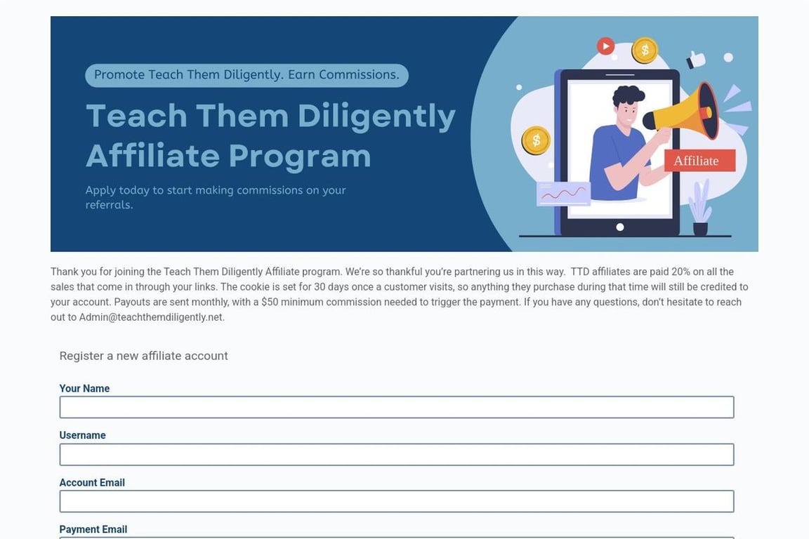 Teach Them Diligently affiliate program signup page