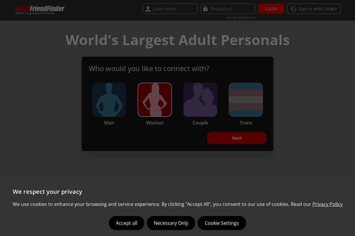 Adult FriendFinder homepage