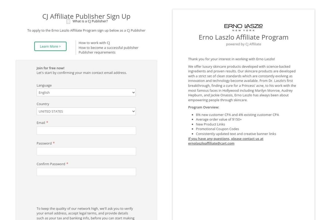 Erno Laszlo affiliate program signup page