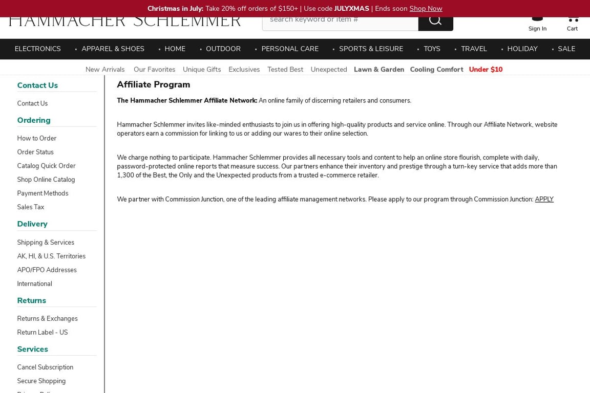 Hammacher Schlemmer affiliate program signup page