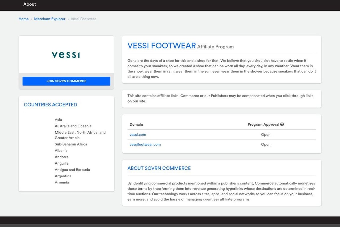 Vessi Footwear affiliate program signup page