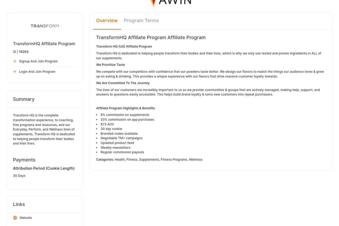 TransformHQ affiliate program signup page