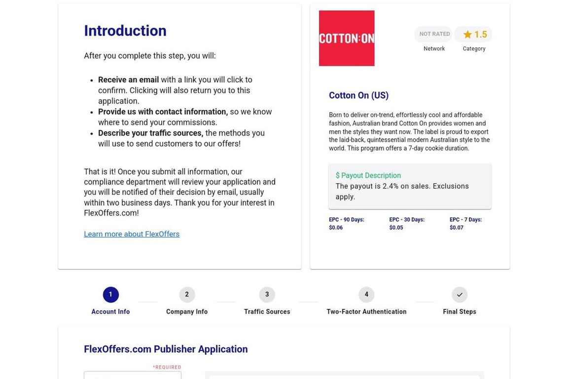 Cotton On (US) affiliate program signup page